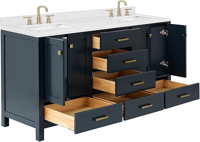 ARIEL Cambridge 66-inch Bathroom Vanity with Sink,Solid Wood, 1.5-inch Carrara White Quartz Countertop, Double Rectangular Porcelain Sink, 4 Soft Closing Doors, 6 Dovetail Drawers, Midnight Blue