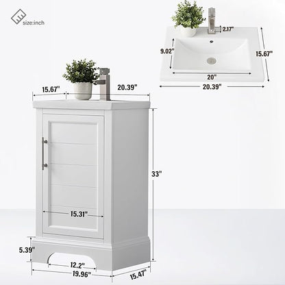 HOMEBEYOND 20 Inch Bathroom Vanity with Single Sink & Ceramic Top, Vanity Cabinet with Center Countertop Basin, Soft-Closing Doors, White
