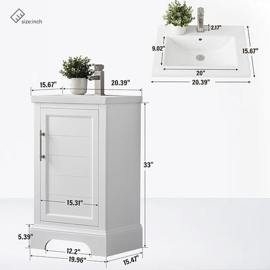 HOMEBEYOND 20 Inch Bathroom Vanity with Single Sink & Ceramic Top, Vanity Cabinet with Center Countertop Basin, Soft-Closing Doors, White