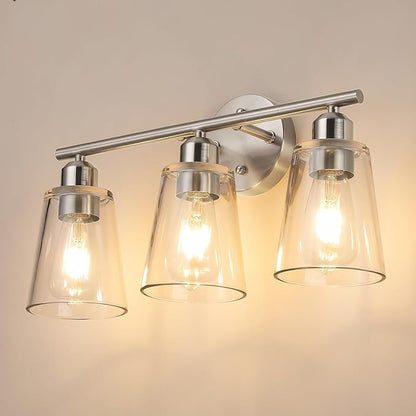 TALOYA 19 Inch Brushed Nickel Bathroom Light Fixtures with Thickend Clear Tapered Glass Shade, 3-Light Modern Vanity Light Over Mirror for Bathrooms, Bedrooms (Bulbs Not Included)