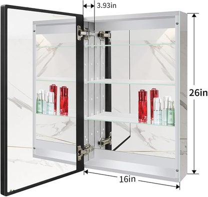 Aluminum Bathroom Medicine Cabinet with Farmhouse Black Framed 16x26 Inches Recess or Surface Mount Mirror Cabinet for Bathroom Toilet Kitchen