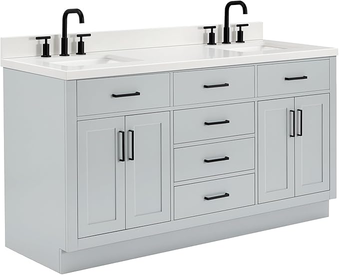 ARIEL Hepburn 66-inch Bathroom Vanity with Sink,Solid Wood, 1.5-inch Pure White Quartz Countertop & Backsplash, Double Rectangular Porcelain Sink, 4 Soft Closing Doors, 6 Dovetail Drawers, Grey