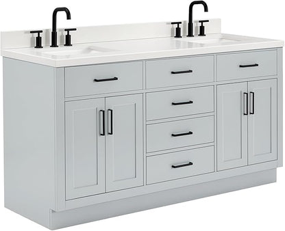 ARIEL Hepburn 66-inch Bathroom Vanity with Sink,Solid Wood, 1.5-inch Pure White Quartz Countertop & Backsplash, Double Rectangular Porcelain Sink, 4 Soft Closing Doors, 6 Dovetail Drawers, Grey