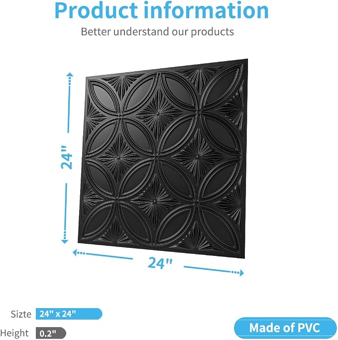 Art3d Decorative PVC Black Drop Ceiling Tile 2ft x 2ft, Glue up 3D Wall Panel 24 x 24in.12pcs | Waterproof, Break-Proof, Wipeable Surface, Scratch Resistant, Compatible with Grid System, Ideal for Commercial Spaces
