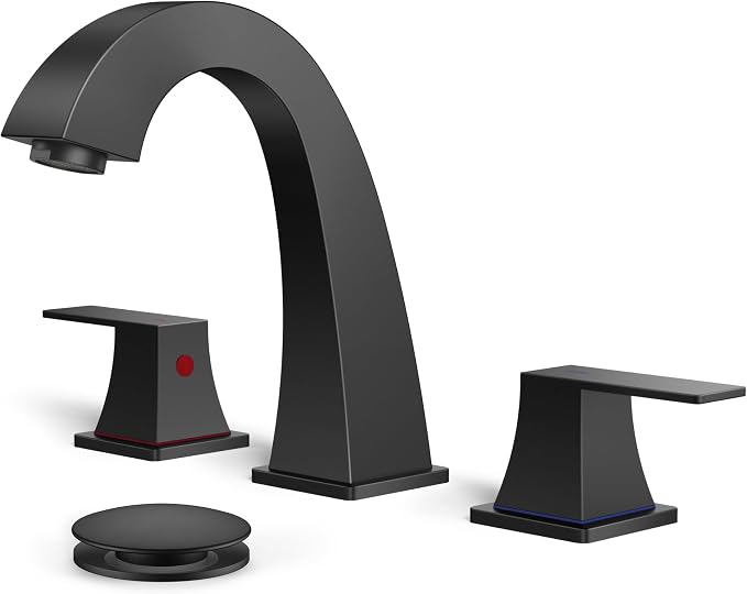 FORIOUS Matte Black Bathroom Faucet 3 Hole 8 Inch Widespread Two Handles | Lead-Free Bathroom Sink Faucet 4-12 Inch 3 Hole Install, Pop-up Drain and cUPC Supply Lines, for RV Vanity Lavatory Restroom