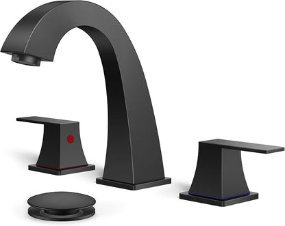 FORIOUS Matte Black Bathroom Faucet 3 Hole 8 Inch Widespread Two Handles | Lead-Free Bathroom Sink Faucet 4-12 Inch 3 Hole Install, Pop-up Drain and cUPC Supply Lines, for RV Vanity Lavatory Restroom