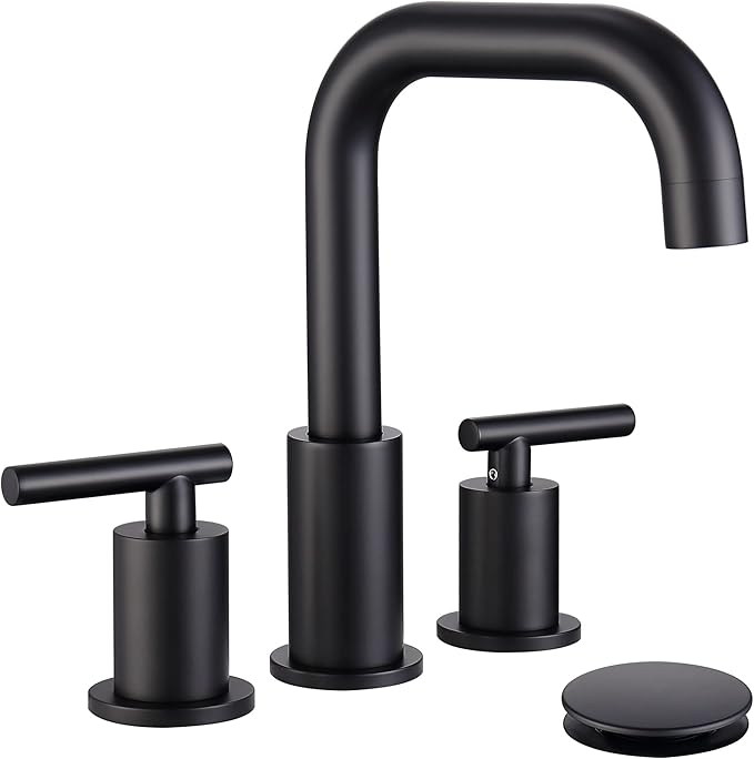 ChiLDano Black Sink Faucet Bathroom 3 Hole, 8 inch Black Faucet with Drain | 2 Handles 3 Hole Black Faucet for Bahtoom Sink, Bathroom Faucet Widespread for Vanity