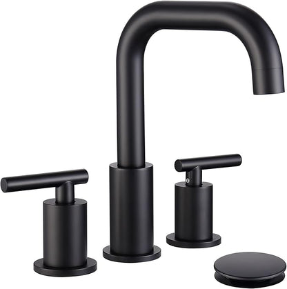 ChiLDano Black Sink Faucet Bathroom 3 Hole, 8 inch Black Faucet with Drain | 2 Handles 3 Hole Black Faucet for Bahtoom Sink, Bathroom Faucet Widespread for Vanity