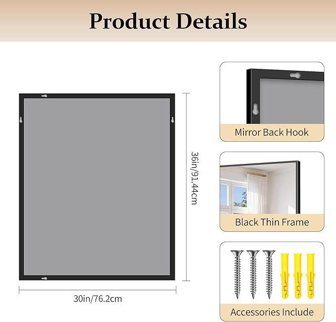 Black Bathroom Mirror for Wall, 30x36 Inch Rectangle With Metal Frame, Modern Vanity for Bathroom Living Room, Entryway Hangs Horizontal or Vertical