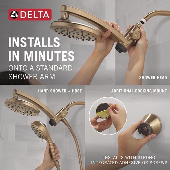 Delta 6-Setting PivotPro 3-in-1 Combination Shower Head with ProClean Spray, Brushed Gold Round Shower Head Rainfall with Handheld Spray, 1.75 GPM, Champagne Bronze 75649CZ