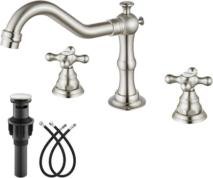 gotonovo Bathroom Faucet 3 Hole 8 Inch Widespread Bathroom Sink Faucet 2 Cross Handles Vintage Lavatory Vanity Mixer Tap with Pop Up Drain, HOT Cold Label, Brushed Nickel
