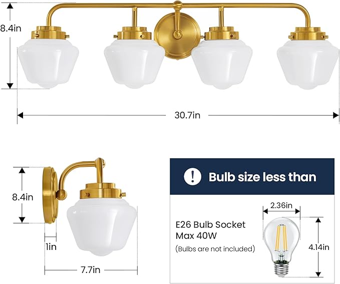 Bathroom Vanity Light Fixtures: 4 Lights Brushed Gold Vanity Lights for Bathroom, E26 60w Hardwired Wall Sconce Lighting with Frosted Milky Glass Over Mirror (Exclude Bulb)