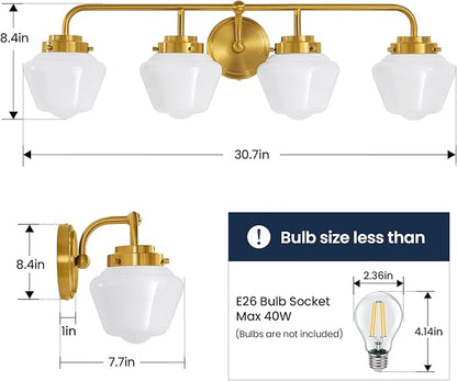 Bathroom Vanity Light Fixtures: 4 Lights Brushed Gold Vanity Lights for Bathroom, E26 60w Hardwired Wall Sconce Lighting with Frosted Milky Glass Over Mirror (Exclude Bulb)