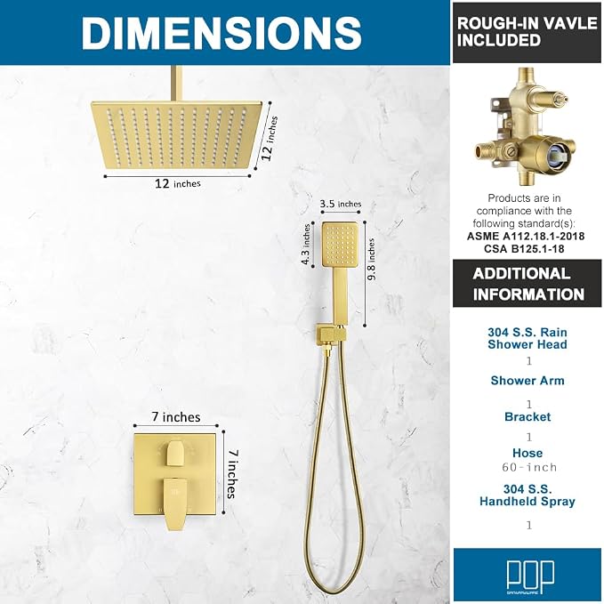 12 Inch Ceiling Mount Shower Faucet Set Brushed Gold Ceiling Rainfall Shower Head and Handle Set Bathroom Rain Shower System Include Shower Valve and Trim Kit