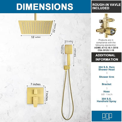 12 Inch Ceiling Mount Shower Faucet Set Brushed Gold Ceiling Rainfall Shower Head and Handle Set Bathroom Rain Shower System Include Shower Valve and Trim Kit