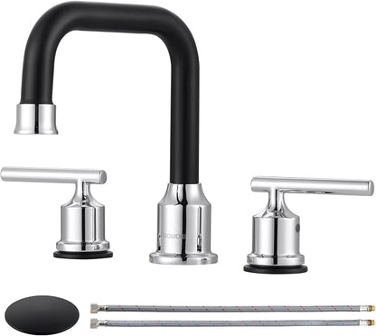 WOWOW Black Chrome Bathroom Faucet 3 Hole, Widespread Vanity Sink Faucets | Copper Inlet Faucet for Bathroom Sink with Swivel Spout, 2 Handles Lavatory Tap with Drain and cUPC Supply Line