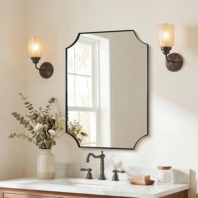 Bathroom Mirror for Over Sink, 24x32 Inch Black Vanity Mirror, Scalloped Mirrors for Bathroom, Modern Wall Mirror with Aesthetic Scalloped Corner Design, Wall Mount Vertical or Horizontal