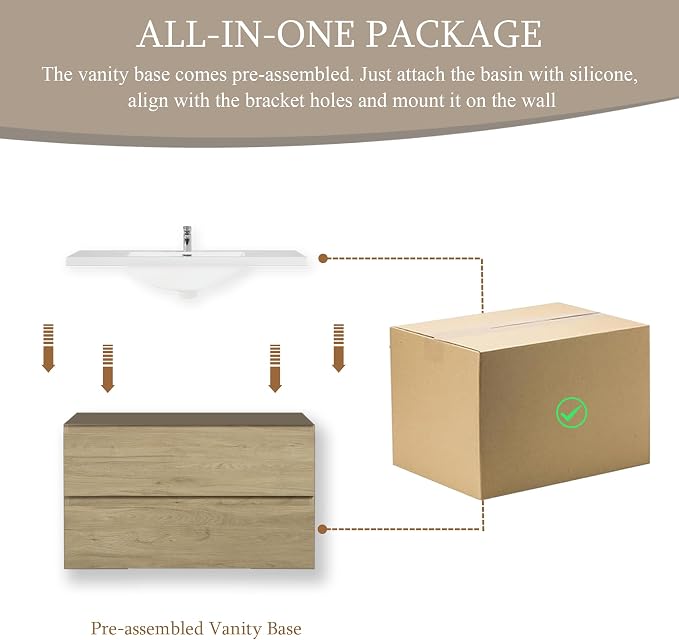 36 Inch Floating Bathroom Vanity with Sink, Large Storage Wall Mounted Floating Vanity with Soft Close Drawers, One-Piece Basin Bathroom Sink Cabinet (Natural Oak, 36")
