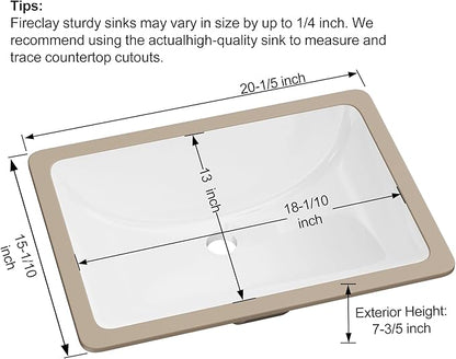 Undermount Bathroom Sink Rectangle, Hugsleek Interior Bowl Size 18 x 13 inch White Porcelain Ceramic Vessel Sink Under Counter Exterior Size 20x15in Rectangular Bath Sink Basin Lavatory Fireclay