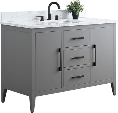 HomeBeyond 48 Inch Bathroom Vanity with Sink & Ceramic Top, Single Vanity Cabinet with Basin, Soft-Closing Doors & Matte Black Hardware, Grey
