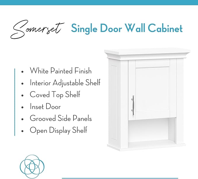 RiverRidge Somerset Single Door Wall Cabinet - Bathroom Medicine Cabinet with Inset Door, Coved Top Shelf, 2 Interior Shelves & Open Display Shelf – Elegant Bathroom Cabinet for Expanded Storage