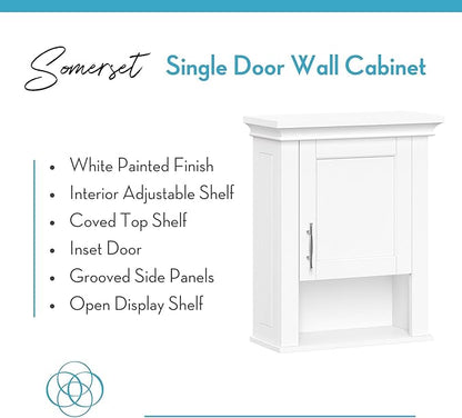 RiverRidge Somerset Single Door Wall Cabinet - Bathroom Medicine Cabinet with Inset Door, Coved Top Shelf, 2 Interior Shelves & Open Display Shelf – Elegant Bathroom Cabinet for Expanded Storage