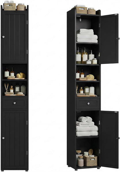 ChooChoo Tall Bathroom Storage Cabinet with Drawer, 11.8" x 11.8" x 70.8" | Narrow Storage Cabinet, Freestanding Cupboard for Small Spaces, Black
