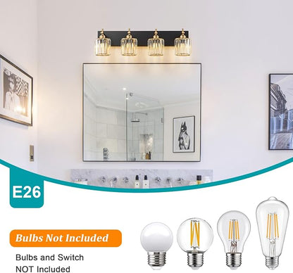 Black Gold Crystal Bathroom Vanity Light, Modern 4-Lights Bathroom Light Fixtures Over Mirror, Crystal Wall Lighting with Polished Gold Finish