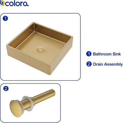 Dcolora 15 In. Gold Drop In Bathroom Vessel Sink for Vanity, 16 Gauge Stainless Steel Sink with Drain Assembly, 15"D x 15"W x 4"H #DC-VS261202