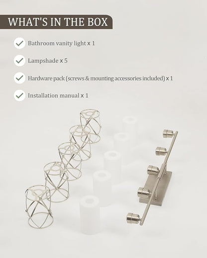 5-Light Brushed Gold Bathroom Light Fixtures Over Mirror, 42" UL-Listed Modern Wall Sconce Lights with Frosted Milk White Glass and Metal Cage for Bath, Hardwire E26, CH9176BNW-5W