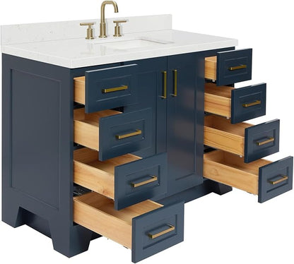 Emilia 48-Inch Bathroom Vanity with Sink — Midnight Blue Single Sink Bathroom Vanity, 1.5" Edge Carrara Quartz Countertop, Solid Wood, 2 Soft Closing Doors, 9 Dovetail Drawers