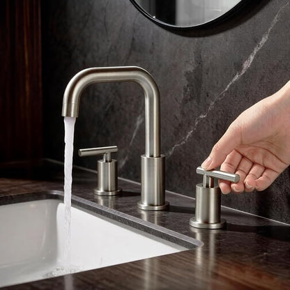 TRUSTMI Brushed Nickel Bathroom Faucet 8" Widespread, Swivel Spout & Drain | Heavy-Duty Brass Construction, Includes Overflow Drain & cUPC Supply Lines, fits 3-Hole 6–12" Vanity Sinks, Easy to Install