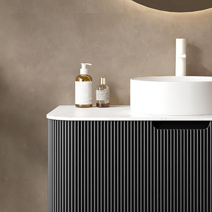 LKTART 30 Inch Floating Bathroom Vanity with Sink, Modern Wall Mounted Bathroom Storage Cabinet with Drawer, Round White Ceramic Sink Top and Marble Texture Top,Black