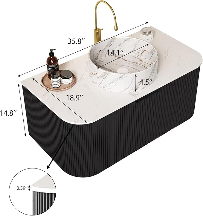 Yayzy 36" Floating Bathroom Vanity with Sink, Solid Wood Fluted Cabinet, White Marble-Patterned Ceramic Basin & Faux Marble Top, Soft-Close Drawer, Pre-Assembled, Gloss Black
