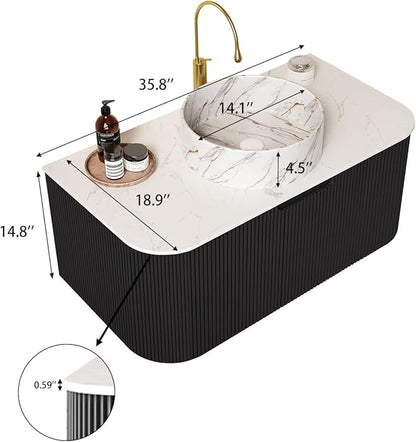 Yayzy 36" Floating Bathroom Vanity with Sink, Solid Wood Fluted Cabinet, White Marble-Patterned Ceramic Basin & Faux Marble Top, Soft-Close Drawer, Pre-Assembled, Gloss Black