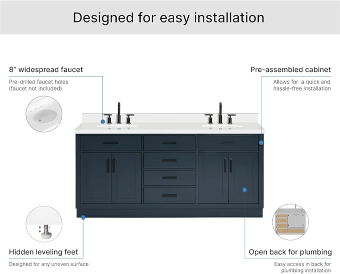 ARIEL Hepburn 72-inch Bathroom Vanity with Sink,Solid Wood, 1.5-inch Pure White Quartz Countertop & Backsplash, Double Oval Porcelain Sink, 4 Soft Closing Doors, 6 Dovetail Drawers, Midnight Blue