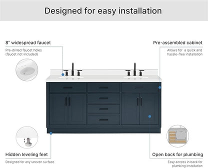 ARIEL Hepburn 72-inch Bathroom Vanity with Sink,Solid Wood, 1.5-inch Pure White Quartz Countertop & Backsplash, Double Oval Porcelain Sink, 4 Soft Closing Doors, 6 Dovetail Drawers, Midnight Blue