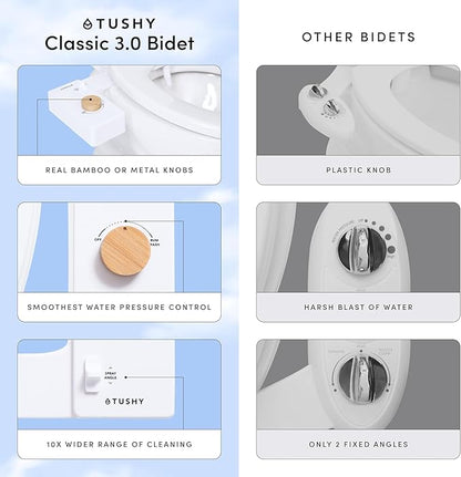 TUSHY Classic 3.0 Bidet Toilet Seat Attachment - A Non-Electric Self Cleaning Water Sprayer with Adjustable Water Pressure Nozzle, Angle Control & Easy Home Installation (White/Brushed Brass)
