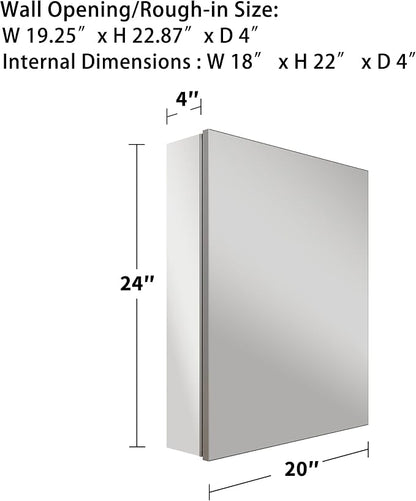 20x24 Inch Recessed Medicine Cabinet with Mirror, Aluminum Medicine Cabinet Mirror, Recessed or Surface Mount with 2 Adjustable Shelves Storage Organizer, Pre-Assembled Door, Soft-Closed System