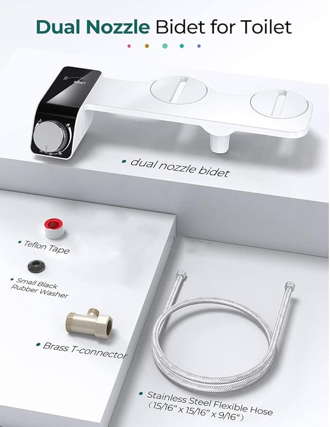 Self-Cleaning Non-Electric Dual Nozzle Bidet Attachment for Toilet Seat Jet Spray for Toilet Bathroom Bidet Toilet Sprayer, Adjustable Water Pressure, Rear and Feminine Wash