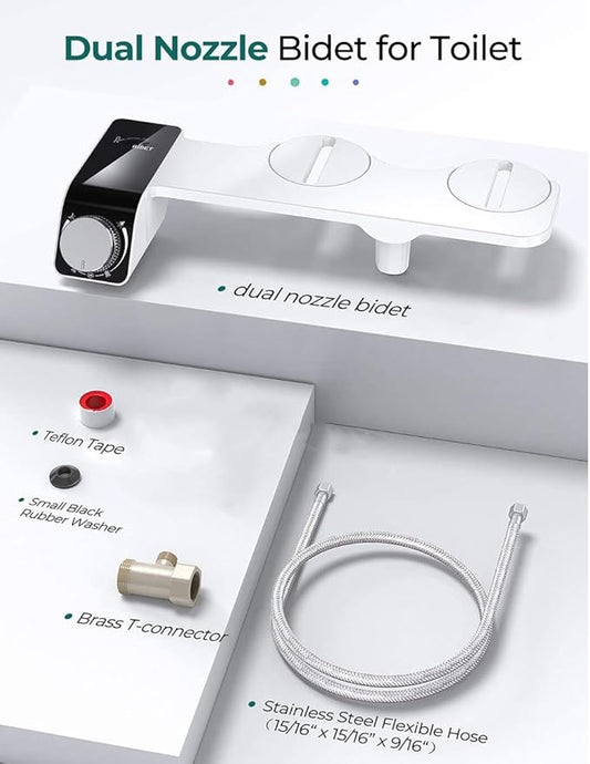 Self-Cleaning Non-Electric Dual Nozzle Bidet Attachment for Toilet Seat Jet Spray for Toilet Bathroom Bidet Toilet Sprayer, Adjustable Water Pressure, Rear and Feminine Wash