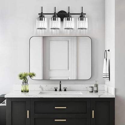 4 Light Round Crystal Vanity Lights, Modern Black Crystal Wall Light Bath Mirror Light Fixture Over Mirror Bathroom Wall Sconces for Bathroom Living Room
