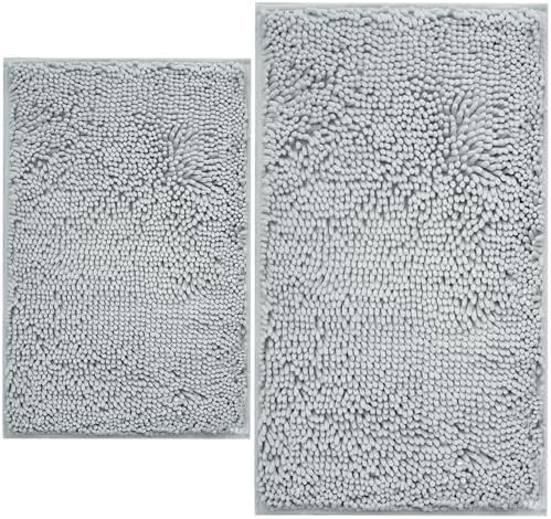 BOANKODU Bathroom Rugs Sets 2 Piece, Extra Soft Chenille Bath Mat Absorbent Bathroom Rug, Bathroom Mat with PVC Non-Slip Bottom, Machine Washable Bath Rugs (32x20 Inch + 24x16 Inch, Light Grey)