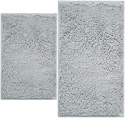 BOANKODU Bathroom Rugs Sets 2 Piece, Extra Soft Chenille Bath Mat Absorbent Bathroom Rug, Bathroom Mat with PVC Non-Slip Bottom, Machine Washable Bath Rugs (32x20 Inch + 24x16 Inch, Light Grey)