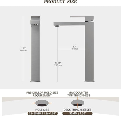 Brushed Nickel Tall Bathroom Faucet for Vessel Sink Single Hole Single Handle Vessel Sink Faucet Vanity Bathroom Faucet Above countertop Sink with Water Supply Hose,BF3530P-BN-V