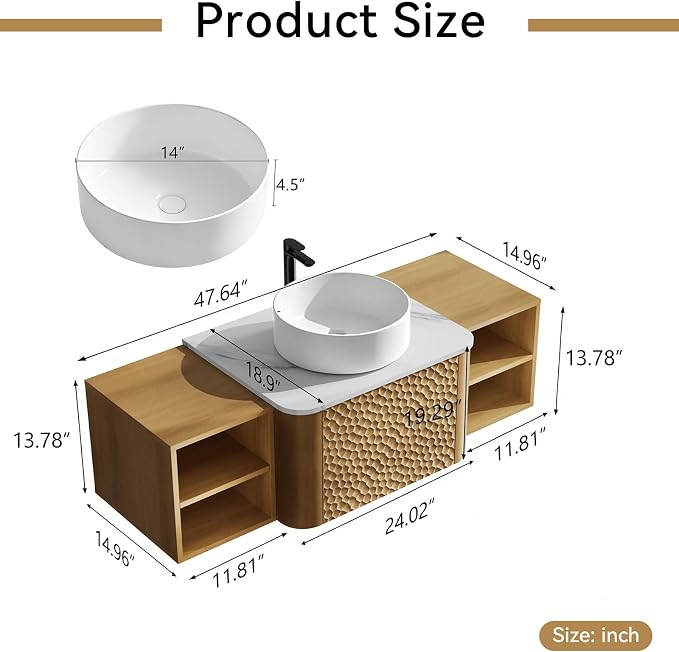 48 Inch Modern Bathroom Vanity with Ceramic Sink, Floating Bathroom Sink Cabinet with Sintered Stone Top&Solid Wood Hammered Frame, Single Bathroom Vanities w/Soft-Close Drawer&2 Side Open Cube
