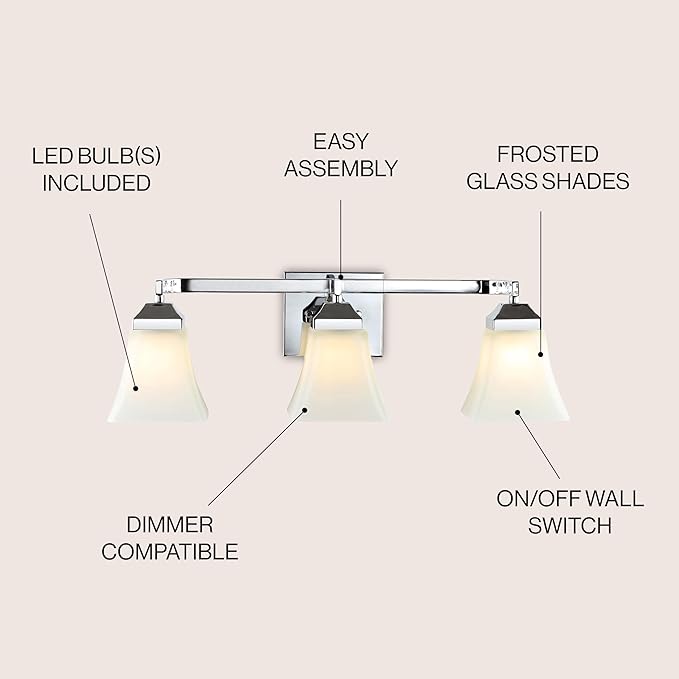 JONATHAN Y 24" Chrome Modern Cottage LED Vanity Light Wall Sconce, Farmhouse Wall Lamp for Bathroom Mirror Kitchen, White Glass Shade, LED Bulb Included (JYL7524B)