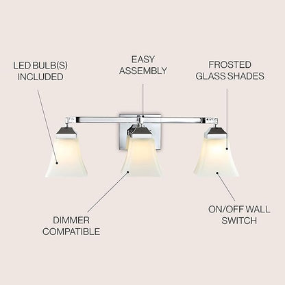 JONATHAN Y 24" Chrome Modern Cottage LED Vanity Light Wall Sconce, Farmhouse Wall Lamp for Bathroom Mirror Kitchen, White Glass Shade, LED Bulb Included (JYL7524B)