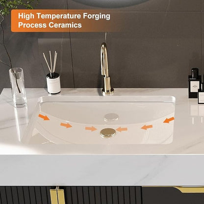 KunMai 59" Black Floating Bathroom Vanity with Faux Marble Top, Double Ceramic Vessel Sinks, Wall-Mounted Design, 3 Drawers for Storage, Modern Bathroom Cabinet with Gold Hardware Finish