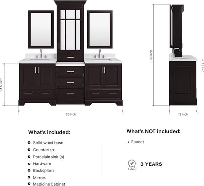 ARIEL Stafford 84-inch Bathroom Vanity with Sink,Solid Wood, 1.5-inch Carrara White Quartz Countertop, Double Rectangular Porcelain Sink, 5 Soft Closing Doors, 6 Dovetail Drawers, Espresso